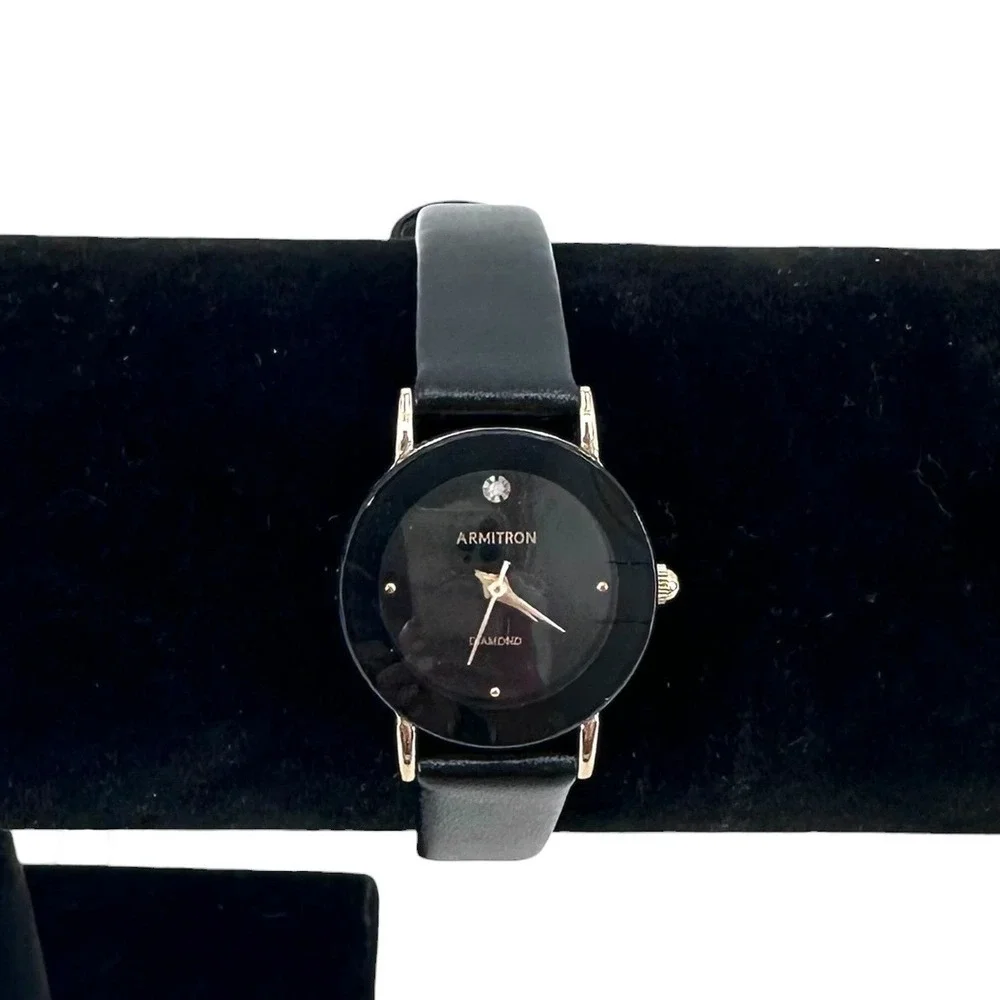 Armitron Womens Diamond Accent Watch Black Leather Watch Gold Tone New